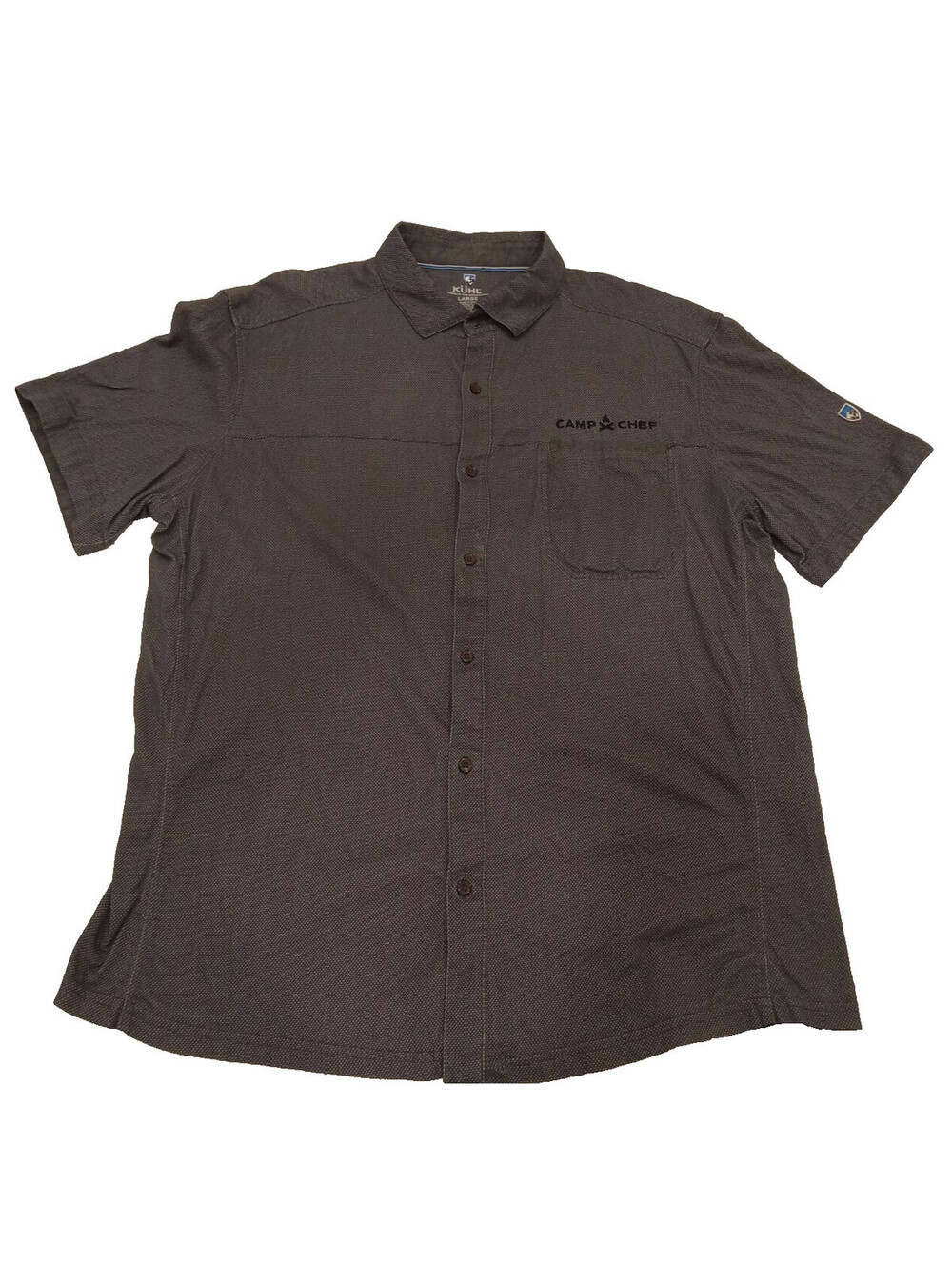 Kuhl Shirt Mens Large Gray Camp Chef Embroidered Logo Short Sleeve Button Up L